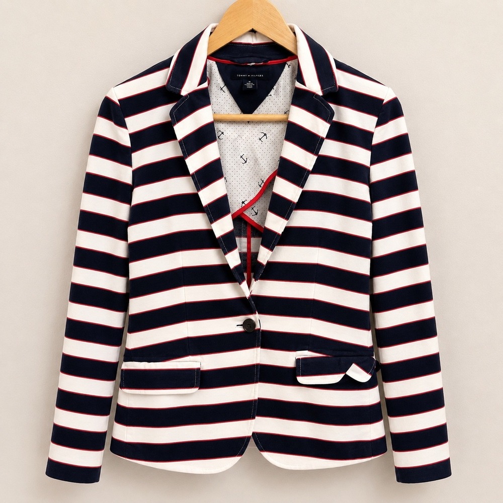 Tommy Hilfiger Womens Navy White Red Striped Cotton Linen Blazer Jacket Size 8